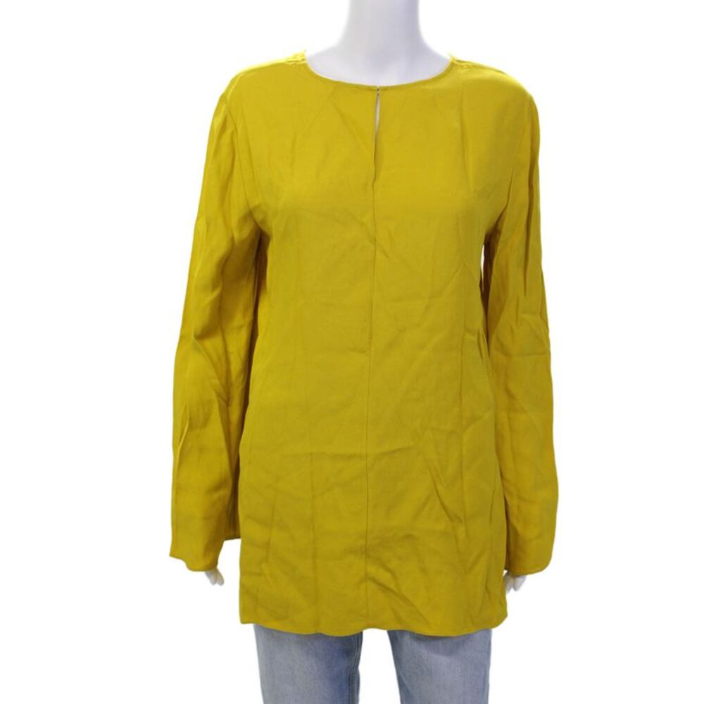 Adam Lippes Womens Textured Long Sleeve Round Neck Sleek Top Yellow Size 10